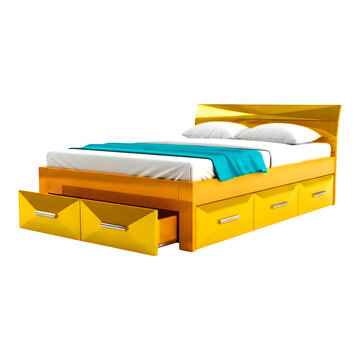 Wooden bunk bed with built-in drawers and blue bedding