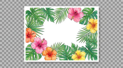 Vibrant Watercolor Tropical Floral Illustration Featuring Exotic Hibiscus Flowers and Lush Green Jungle Foliage Arranged as Decorative Greeting Card Elements Isolated on White Background Vector © Lang