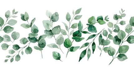 Watercolor botanical banner featuring verdant eucalyptus foliage and delicate wooden branches artistically painted on a clean white background, ideal for elegant nature-themed floral design. © Lang