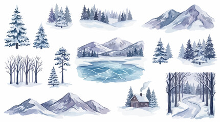 Artistic Watercolor Collection Featuring Snowy Winter Forest Scenery with Majestic Mountain Landscapes and Pine Tree Illustration Elements Isolated on White Background for Seasonal Nature Projects © Lang
