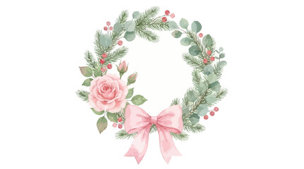 Artistic watercolor vector Christmas wreath ornament with festive green fir needle branch, blooming floral rose, and aromatic eucalyptus foliage isolated on white for winter holiday design. © Lang