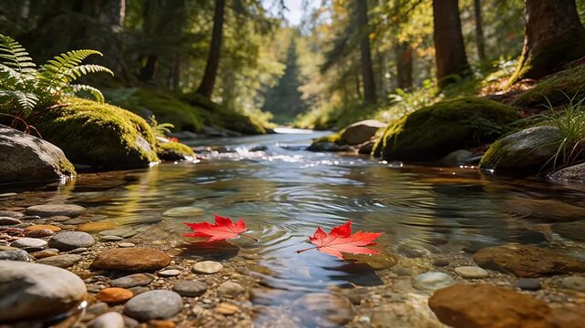Autumn leaves in a forest stream
