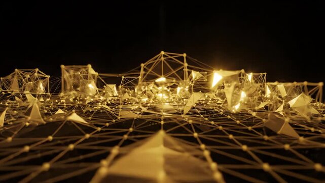 Minimalist golden geometric wireframe grid pulsing and shifting on a black canvas representing modern technology and complex digital systems