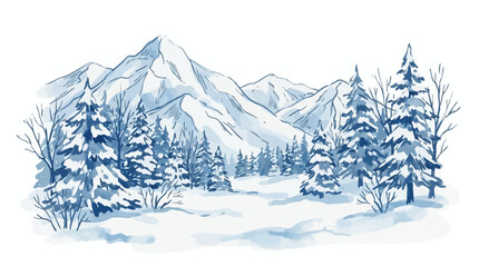 Watercolor vector illustration of a serene winter landscape featuring majestic snow-capped mountains and a dense evergreen forest, isolated on a clean white background for seasonal design. © Lang