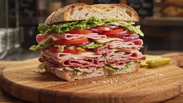 Rotating view of a giant layered deli meat sandwich with various cold cuts and crisp vegetables on a rustic wooden surface