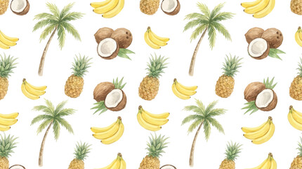 Tropical watercolor vector seamless pattern featuring exotic coconut ripe banana juicy pineapple and lush green palm tree for summer botanical wallpaper and textile design background © Lang