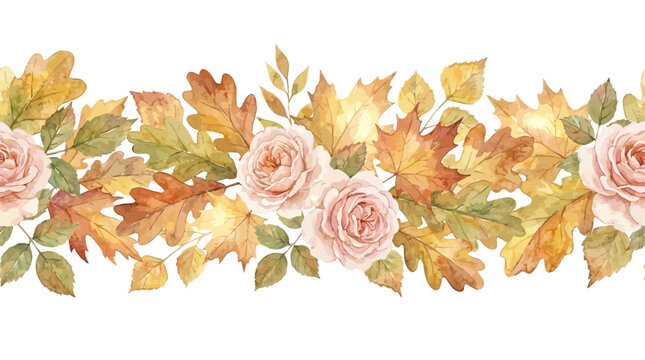 Watercolor vector autumn banner with fall foliage, soft blush roses, botanical leaves, and pastel flowers isolated for seasonal greeting cards, wedding invitations, and elegant floral decor.