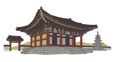 Fototapeta premium Traditional Korean Temple Architecture Illustration