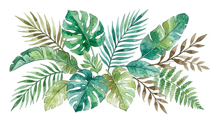 Elegant watercolor vector illustration of lush tropical foliage and botanical greenery branches isolated on a white background for nature-themed decorative greeting card design. © Lang