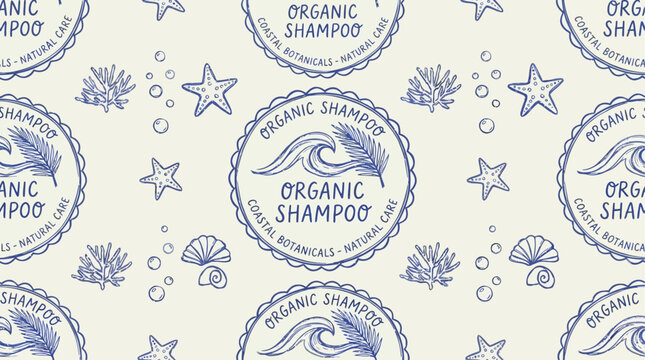 Minimalist seamless circular logo and label design for premium organic cosmetic shampoo bottle, botanical skincare branding element isolated on white background, nature-inspired beauty identity.
