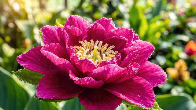 Stunning close up macro video of a vibrant green floral bud blossoming into a beautiful flower in an elegant botanical garden setting