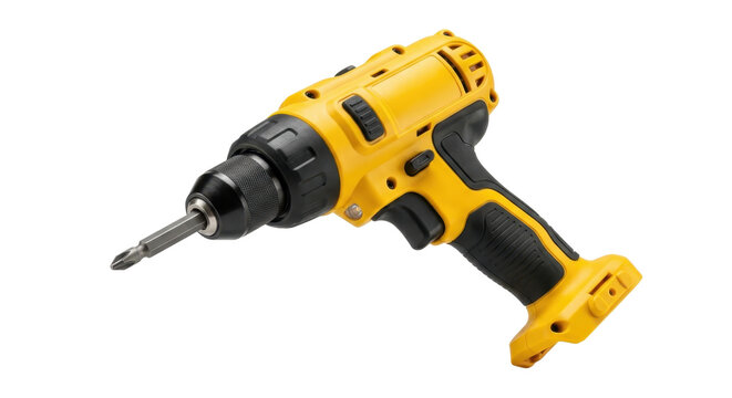 Yellow cordless drill with black accents on a white background, ready for drilling.