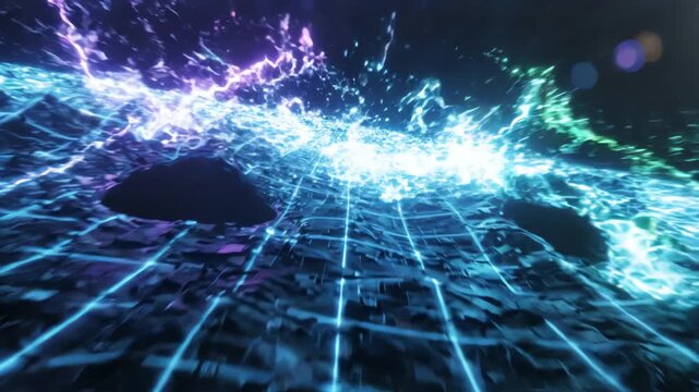 Sweeping aerial perspective of a dark neon digital landscape with a pulsating geometric grid representing temporal distortion and energy fields