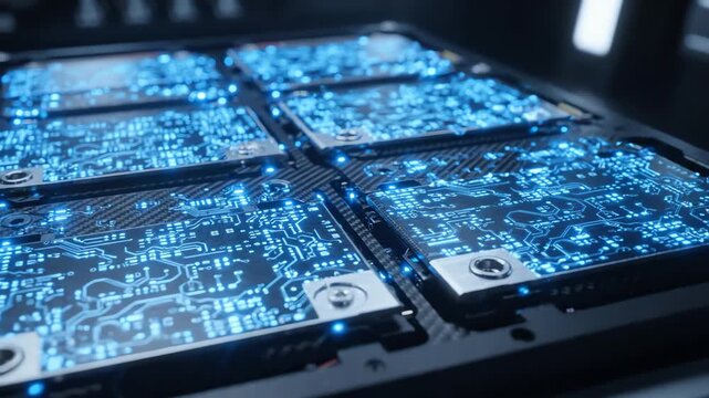 Top down view of a generic electric car battery module with glowing blue light indicators highlighting sustainable energy storage technology