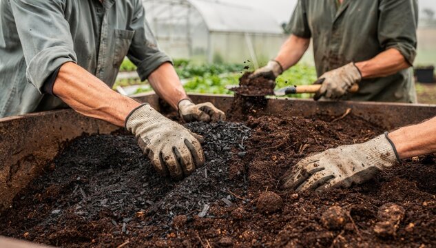 Medium shot of workers carefully blending fine biochar into rich compost highlighting enhanced nutrient retention and uniform texture for sustainable soil enrichment.