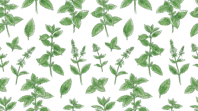 Hand painted watercolor vector seamless pattern of fresh organic green mint leaf and herbal sprig isolated on white background for kitchen textile wallpaper and botanical fabric design