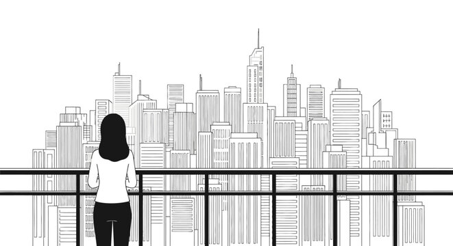 Woman looking at a modern city skyline from a balcony, black and white illustration, concept of urban life and future possibilities