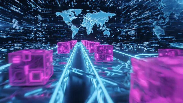 Abstract glowing supply boxes moving fast on a digital high tech conveyor belt for global logistics and delivery systems seamless loop