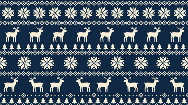 Christmas Fair Isle knit pattern navy, detailed reindeer snowflake pine tree Nordic design