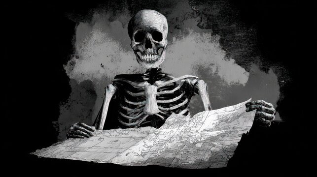 Skeleton holding a map in a dark environment illustration
