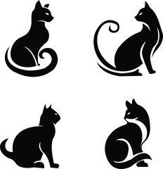 Stylized black cat silhouettes collection featuring elegant sitting felines with curved tails for logo design © Amri Grafika