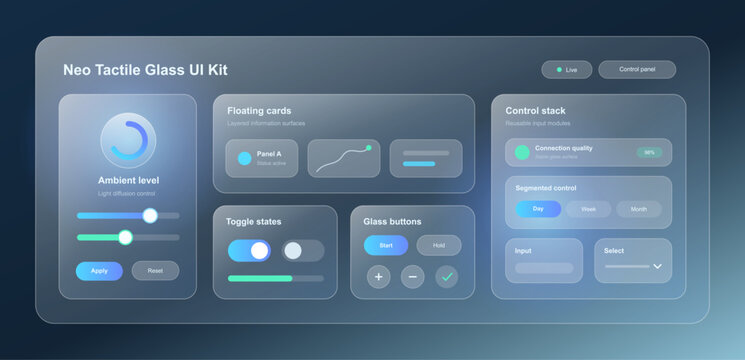 Glassmorphism Tactile UI, UX, Kit with Frosted Control Panels. Frosted glass UI kit with translucent cards, ambient controls, sliders, toggles, segmented tabs, buttons, inputs. Vector interface app