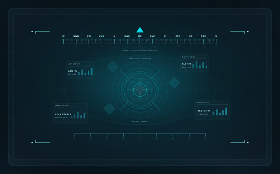 Futuristic Head Up Display Interface. HUD cockpit, target radar, compass telemetry scale. Sci-fi navigation dashboard with analytics data charts, aim crosshair, grid lines. Vector HUD, UI cyberpunk