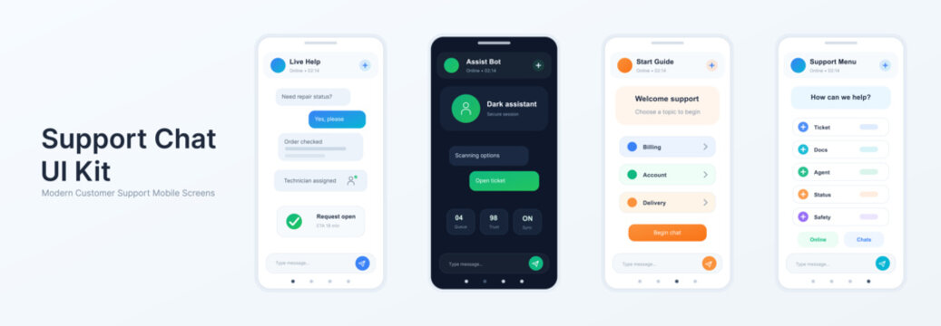Support Chat UI Kit with Customer Service Mobile Screens. Modern support chat UI kit showing mobile help screens, assistant bot, ai, ticket status, topic guide, support menu, message input. Vector app