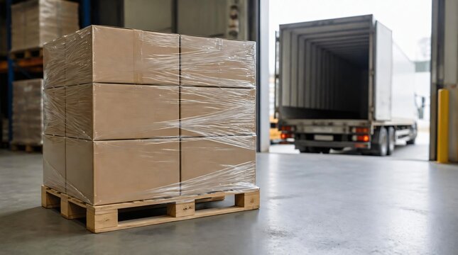 Cardboard boxes wrapped on a pallet inside a warehouse, near an open truck door.