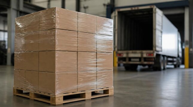 Cardboard boxes wrapped on a pallet inside a warehouse, near an open truck door.