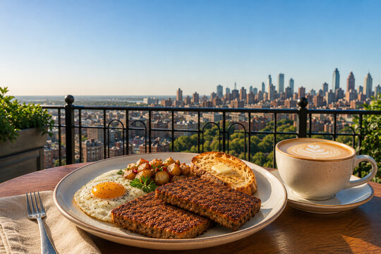 Authentic Premium Scrapple Breakfast with Latte on a Luxury Hotel Balcony Overlooking Philadelphia at Sunrise