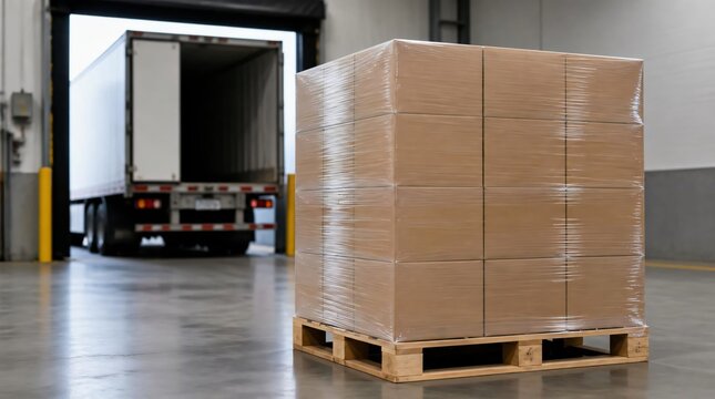 Cardboard boxes wrapped on a pallet inside a warehouse, near an open truck door.
