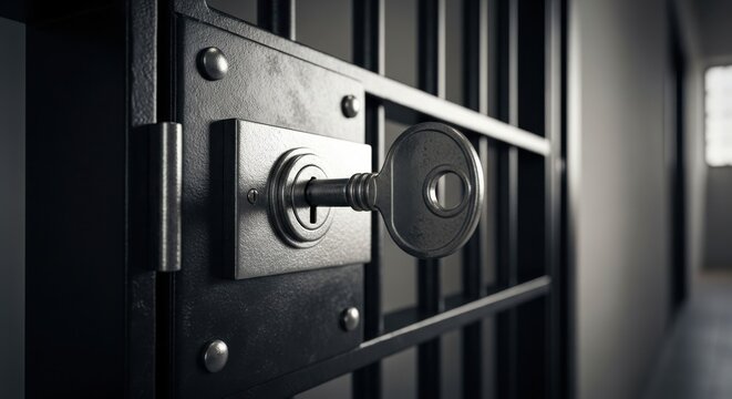 A metal key inserted into a prison cell door lock