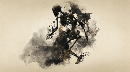 Fototapeta premium Artistic depiction of a skeleton emerging from a cloud of dark smoke