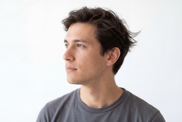 Fototapeta premium Profile Portrait of a Young Man on White Background