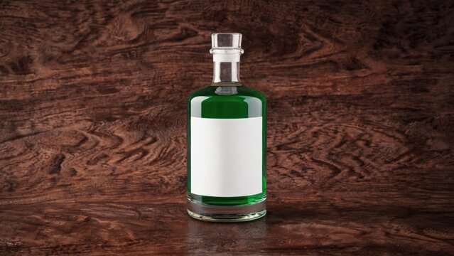 Green liquid bottle on wooden surface