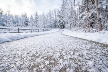 Fototapeta premium Close up of snow covered path leading into winter forest