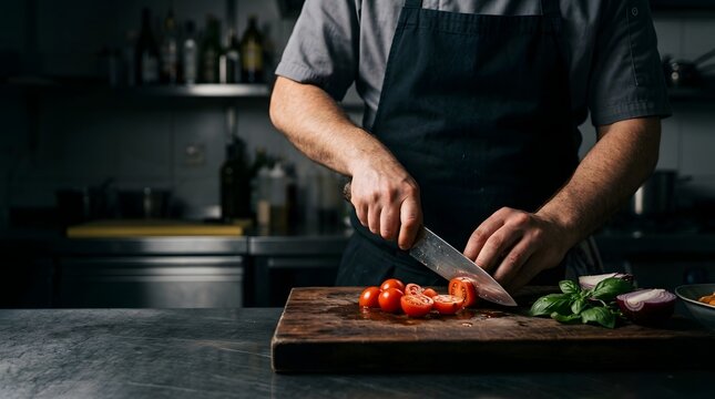 Chef slicing cherry tomatoes on wooden board in professional kitchen