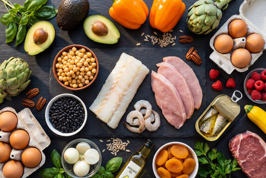 Healthy flexitarian diet ingredients arranged on a dark surface