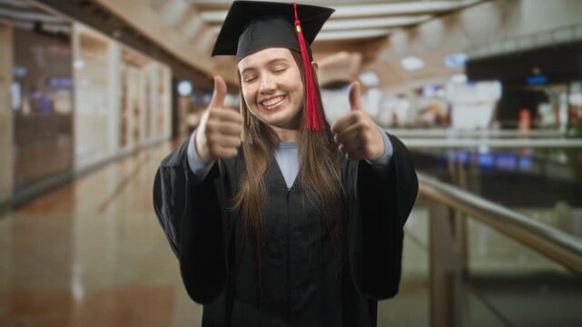 Woman in graduation gown and cap showing two thumbs up at airport terminal, smiling with red tassel visible; pride celebration success.