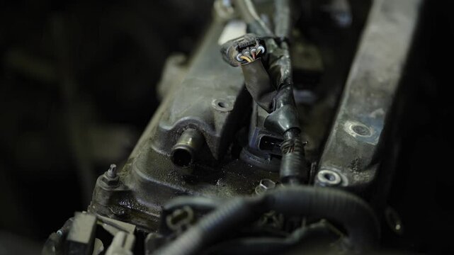 An open valve cover tube port and car engine wiring harness.
