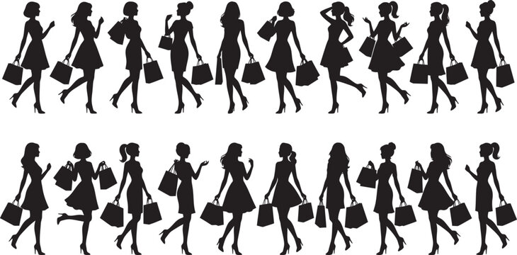 Diverse group of fashionable women silhouettes carrying shopping bags illustrating retail therapy and consumerism concepts
