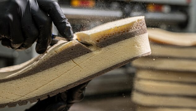 Dualdensity foam midsoles being carefully trimmed and formed highlighting the contrasting materials and texture differentiation in sports shoe manufacturing.