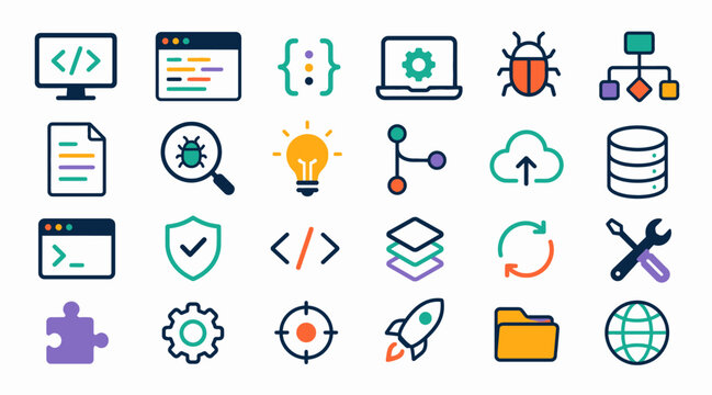 Colorful flat design icons for technology and development concepts.