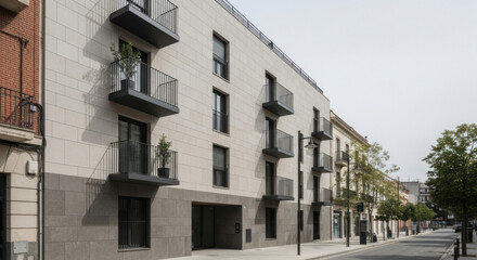 Obraz premium Modern Apartment Building Facade With Balconies And City Street View