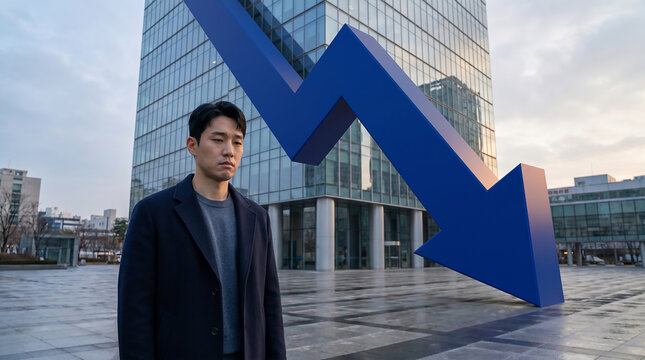 대형 파란 하락 화살표와 남성 투자자 / Male Investor with Large Blue Down Arrow