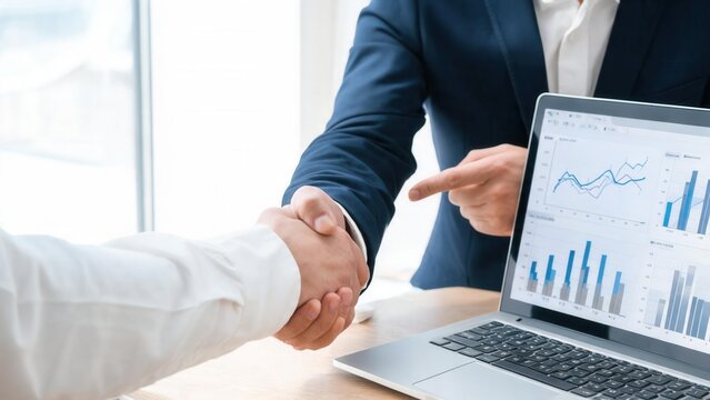 Business handshake with laptop charts