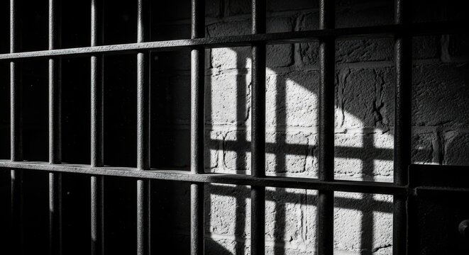 Closeup of prison cell bars with brick wall background