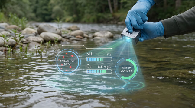 Environmental researcher analyzing river water quality using holographic pollution detection technology