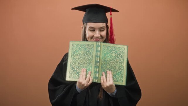 Woman in graduation cap holding ornate green book with hands peeking over cover in studio; playful achievement.